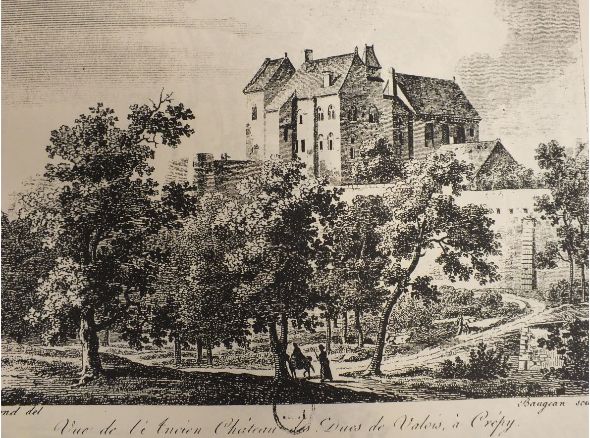 Vue de l'ancien château des ducs de Valois, à Crépy (gravure ancienne)