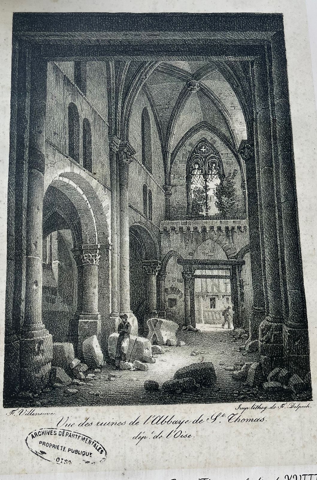 Les ruines de la collégiale, lithographie reproduite sur les panneaux du chantier (Ville de Crépy-en-Valois)