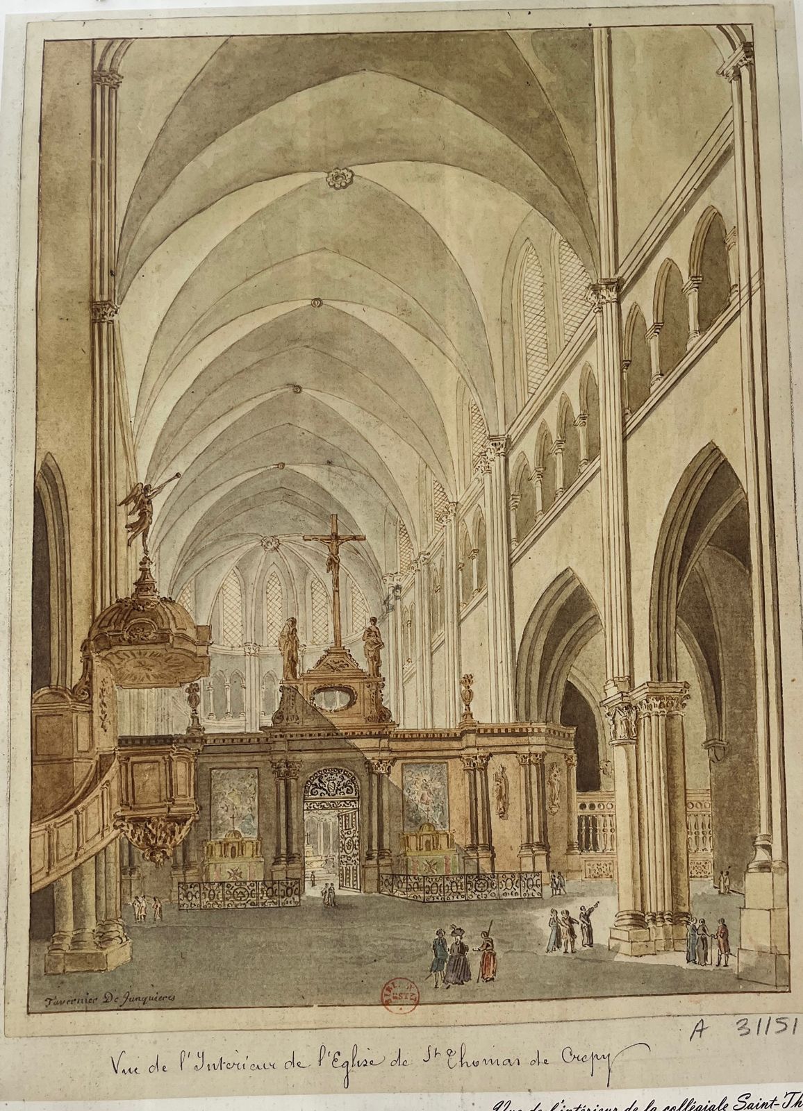 L'intérieur de la collégiale au 18e siècle, dessin reproduit sur les panneaux du chantier (Ville de Crépy-en-Valois)